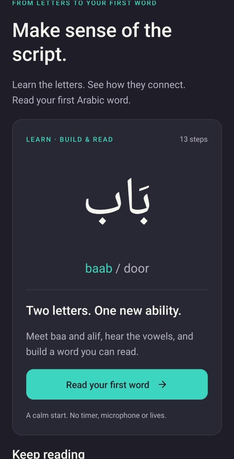 Alphabet screen titled Make sense of the script, with a 13-step Build and Read introduction to baab, meaning door