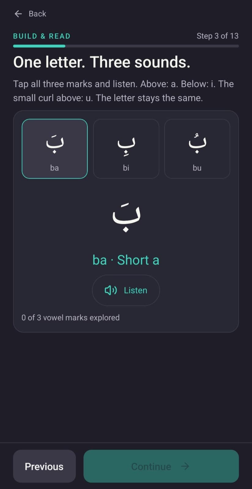 Build and Read step 3 of 13 showing the letter baa with ba, bi and bu vowel marks, a Listen button and an exploration counter