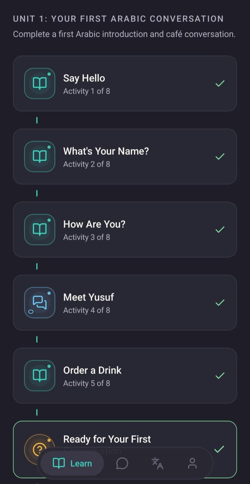 Unit 1, Your First Arabic Conversation, showing sequenced activities including Say Hello, Meet Yusuf and Order a Drink with completion checkmarks