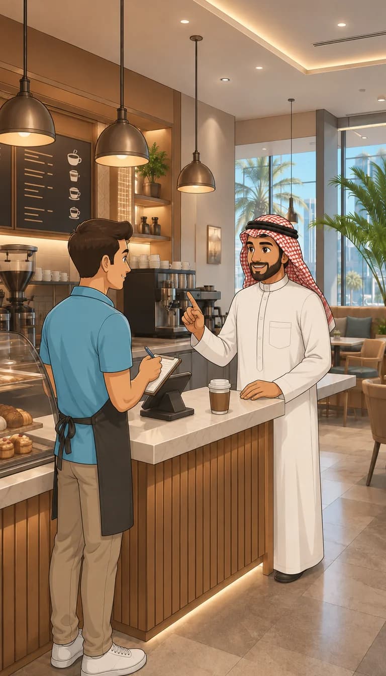 Yusuf guiding a learner through a café conversation
